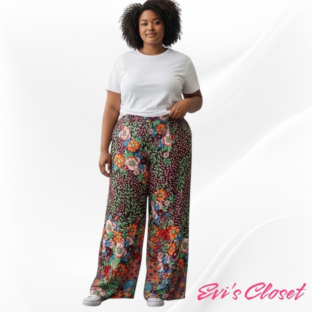 Chico's Woman's Folk Art Wide Leg Art Pants Sz 2.5 14R Satin Feel Lightweight.